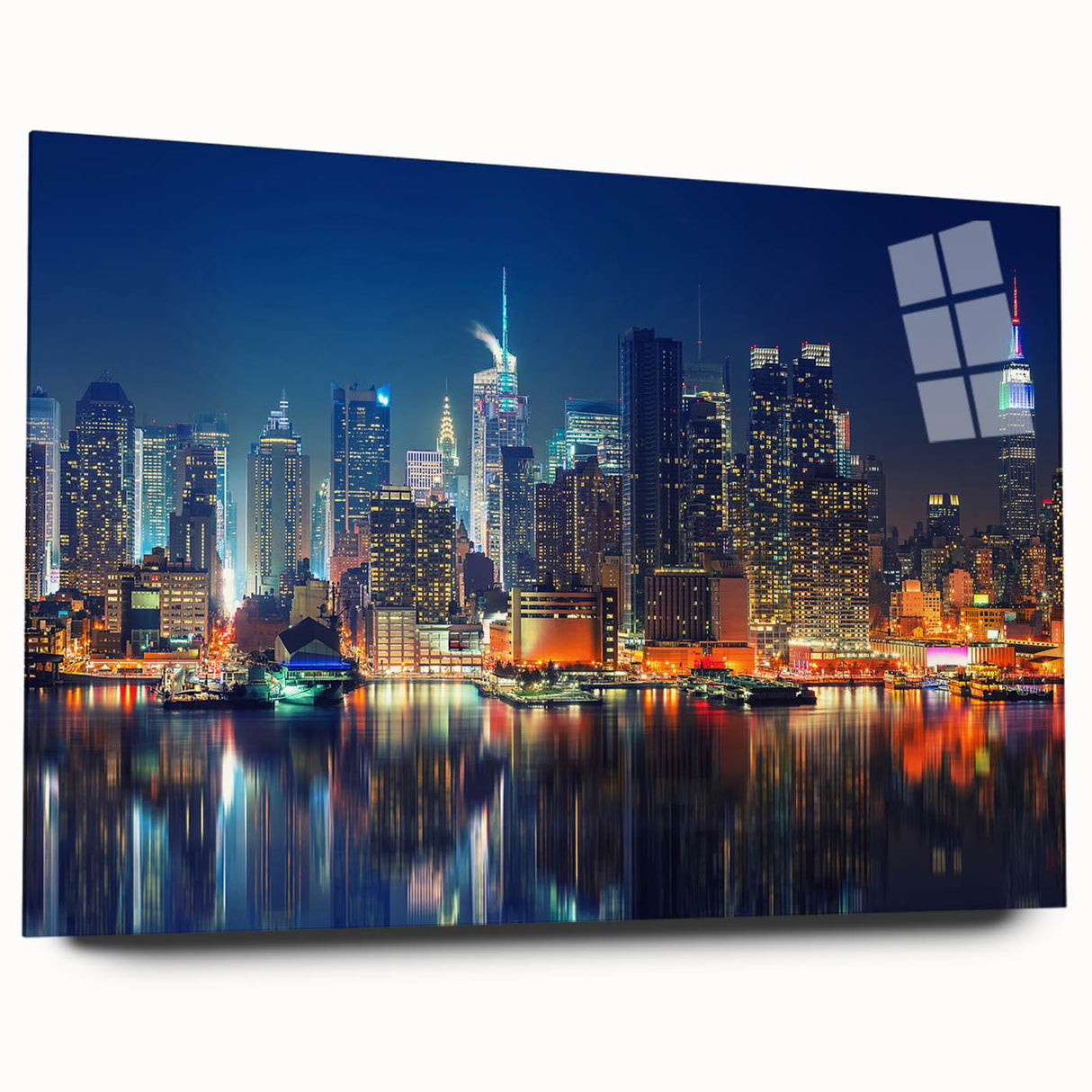 Acrylic print of a large abstract depiction of Manhattan skyline in muted grayscale tones.