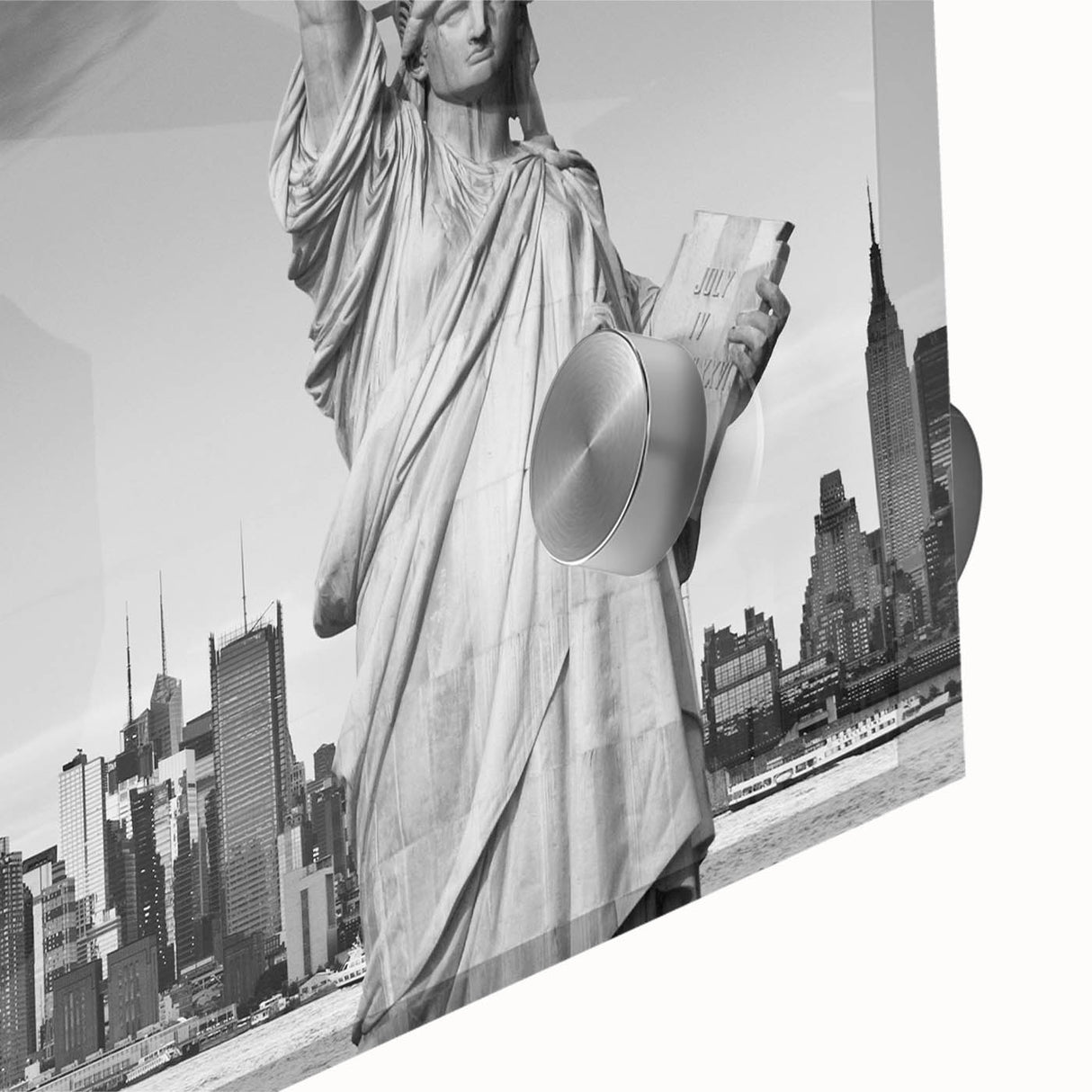 Acrylic print of the Statue of Liberty in muted green and blue tones.