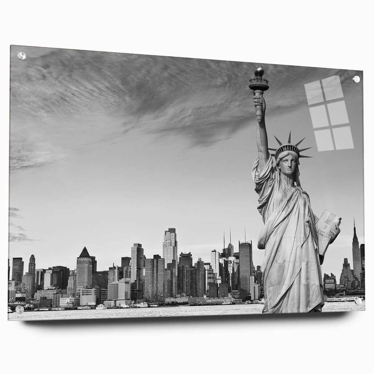 Acrylic print of the Statue of Liberty with a side view, set in muted gray and blue tones.