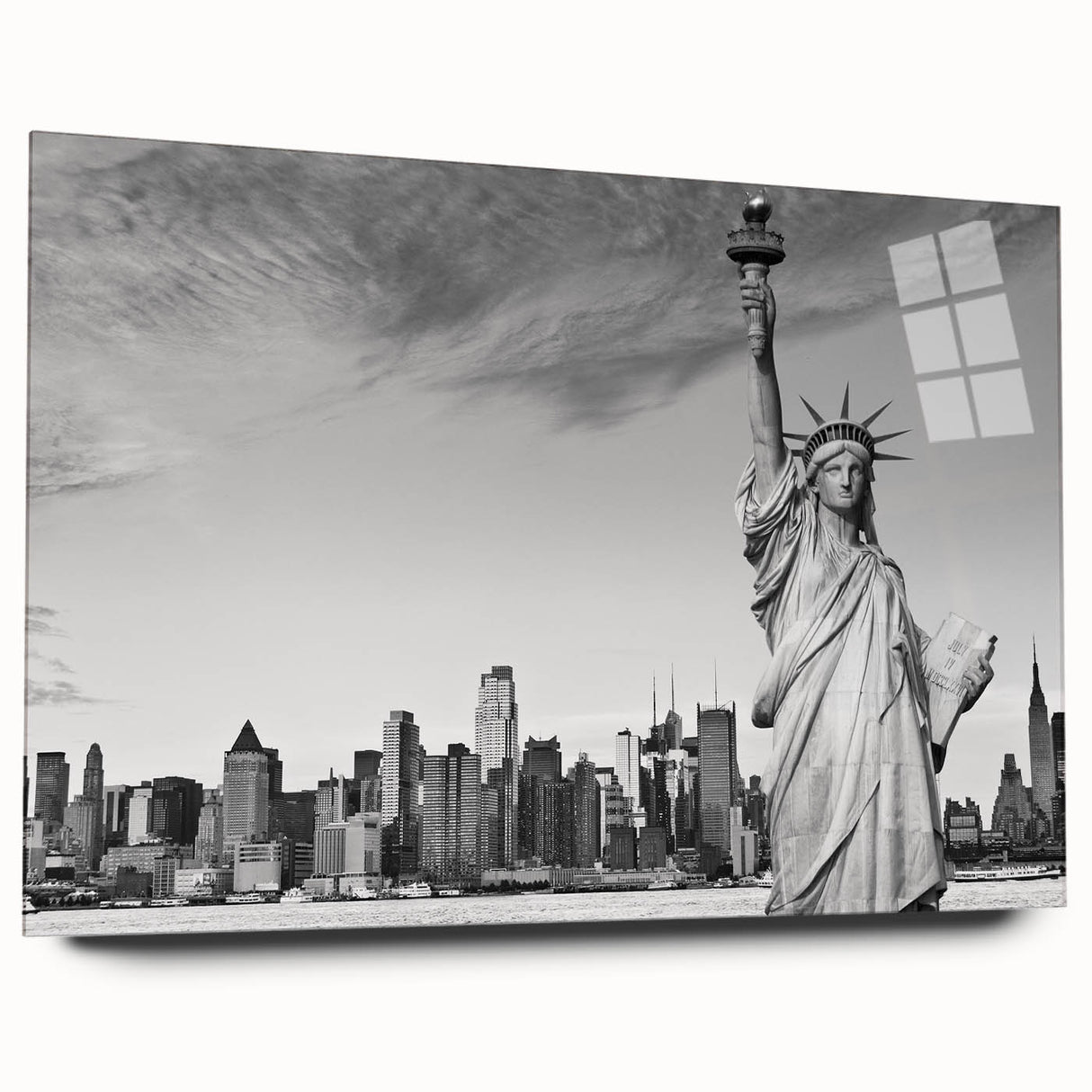 Acrylic print of the Statue of Liberty in muted green and blue tones, suited for bedroom or dining room art.
