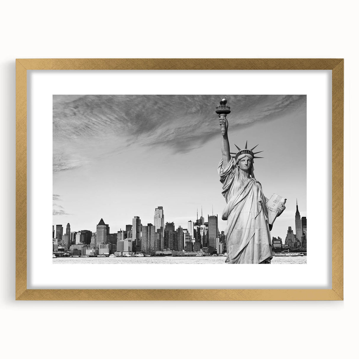 Textured art print of the Statue of Liberty in abstract style with muted gold and green tones on a framed canvas.