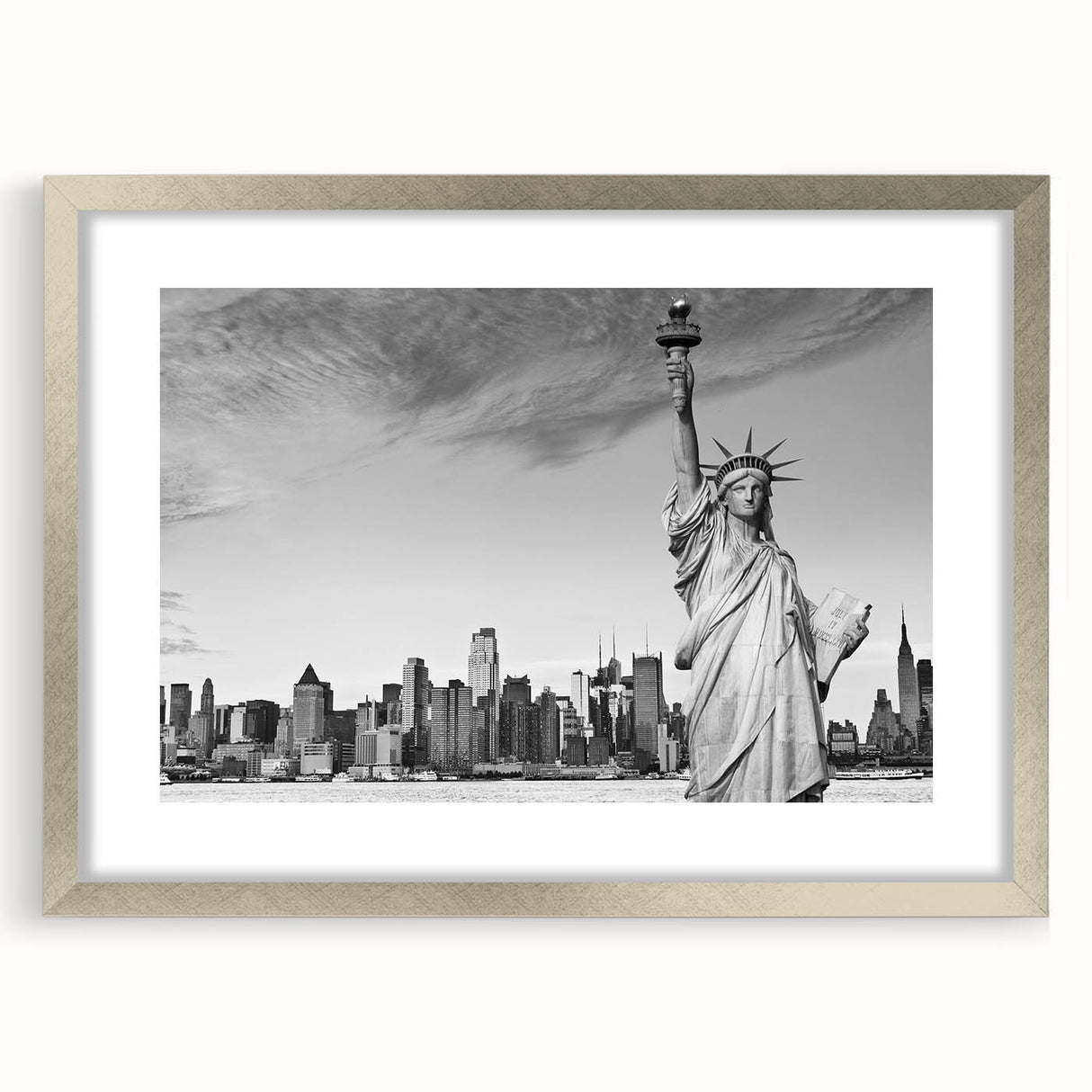 Extra large framed wall art of the Statue of Liberty in abstract style with textured silver frame.