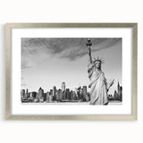 Extra large framed wall art of the Statue of Liberty in abstract style with textured silver frame.