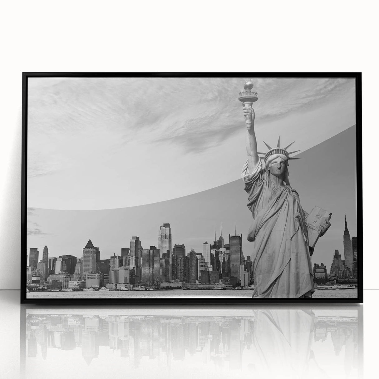 Large abstract wall art of the Statue of Liberty in muted gray tones on a framed acrylic, ideal for modern living room decor.