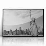 Large abstract wall art of the Statue of Liberty in muted gray tones on a framed acrylic, ideal for modern living room decor.