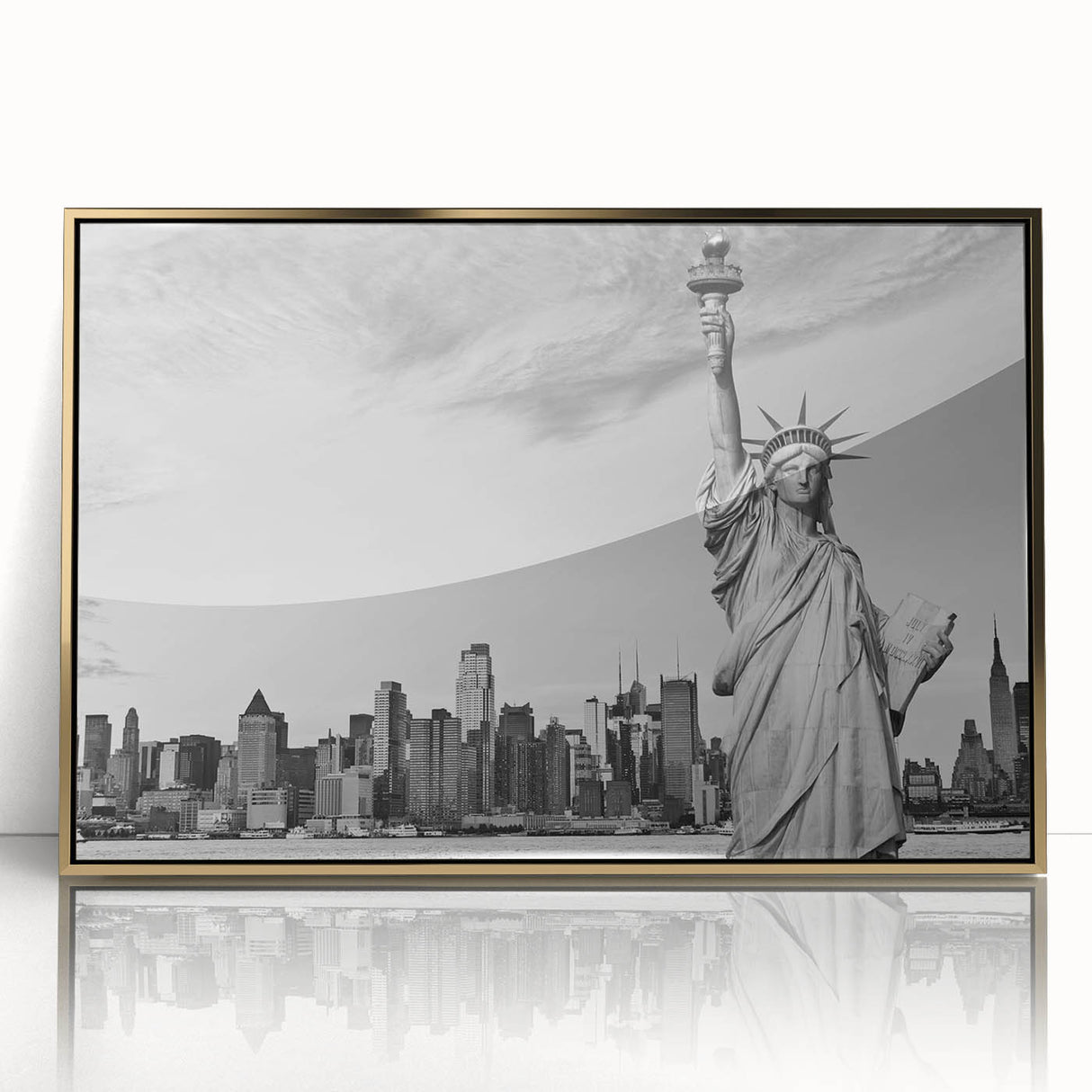 Framed acrylic print of the Statue of Liberty in gold tones, ideal for modern art wall decor.