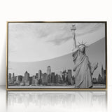 Framed acrylic print of the Statue of Liberty in gold tones, ideal for modern art wall decor.