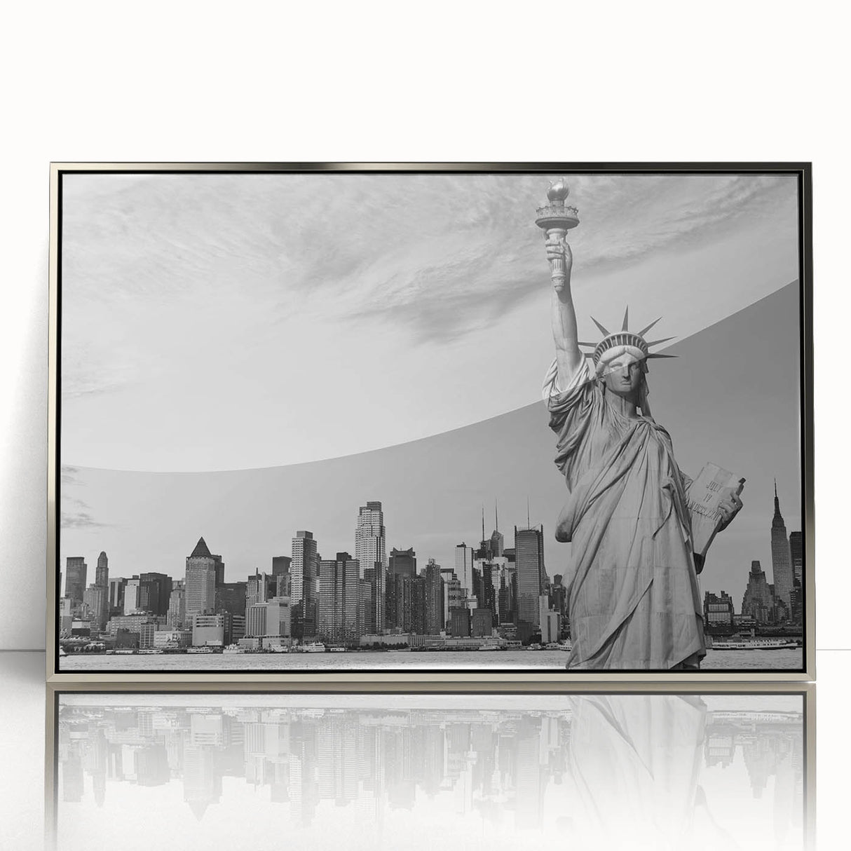 Mid-century modernist art of the Statue of Liberty in muted silver tones on acrylic, ideal for modern art wall decor.