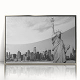 Mid-century modernist art of the Statue of Liberty in muted silver tones on acrylic, ideal for modern art wall decor.