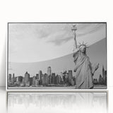 Acrylic print of the Statue of Liberty in art deco style, featuring muted gray and white tones.
