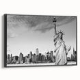 Black and white framed canvas of the Statue of Liberty in vintage poster style, ideal for bedroom wall decor.