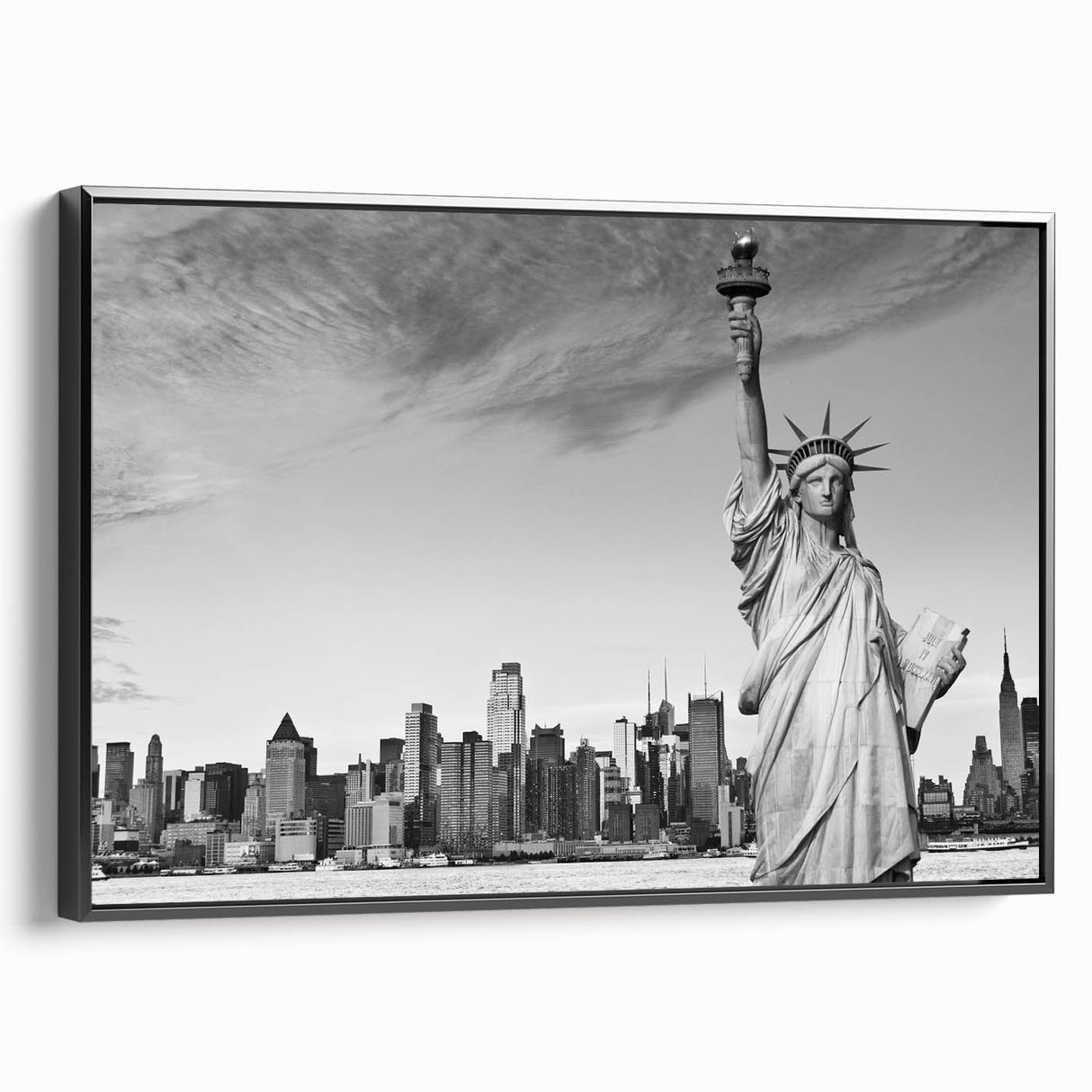 Black and white framed canvas of the Statue of Liberty in vintage poster style, ideal for bedroom wall decor.