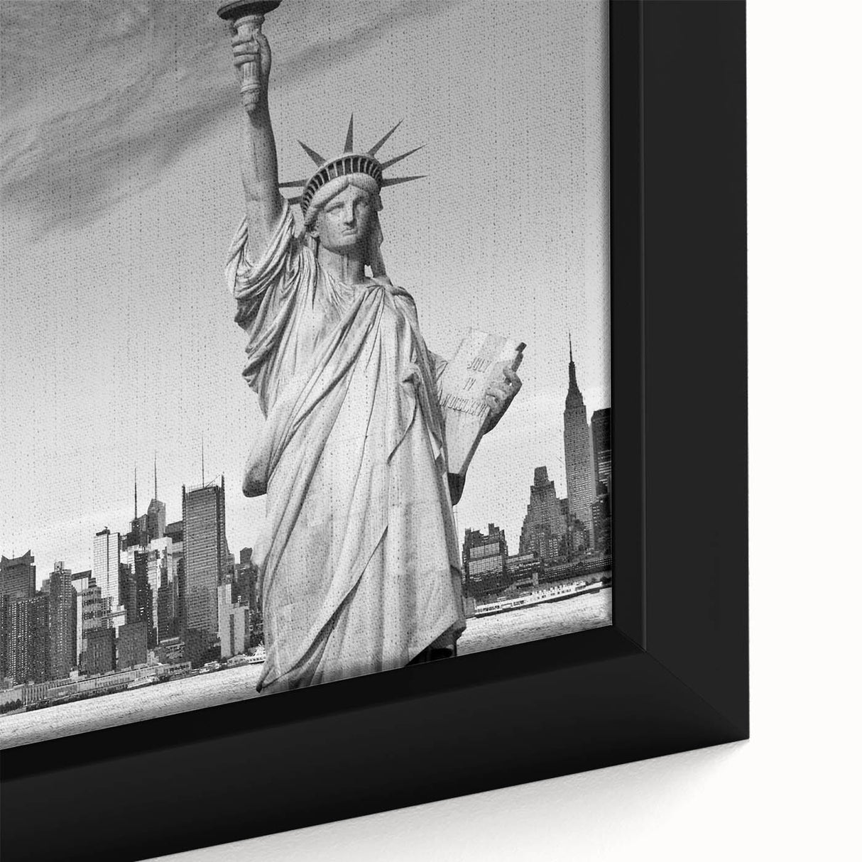 Extra large black wall art on canvas featuring a textured close-up of the Statue of Liberty in vibrant colors.