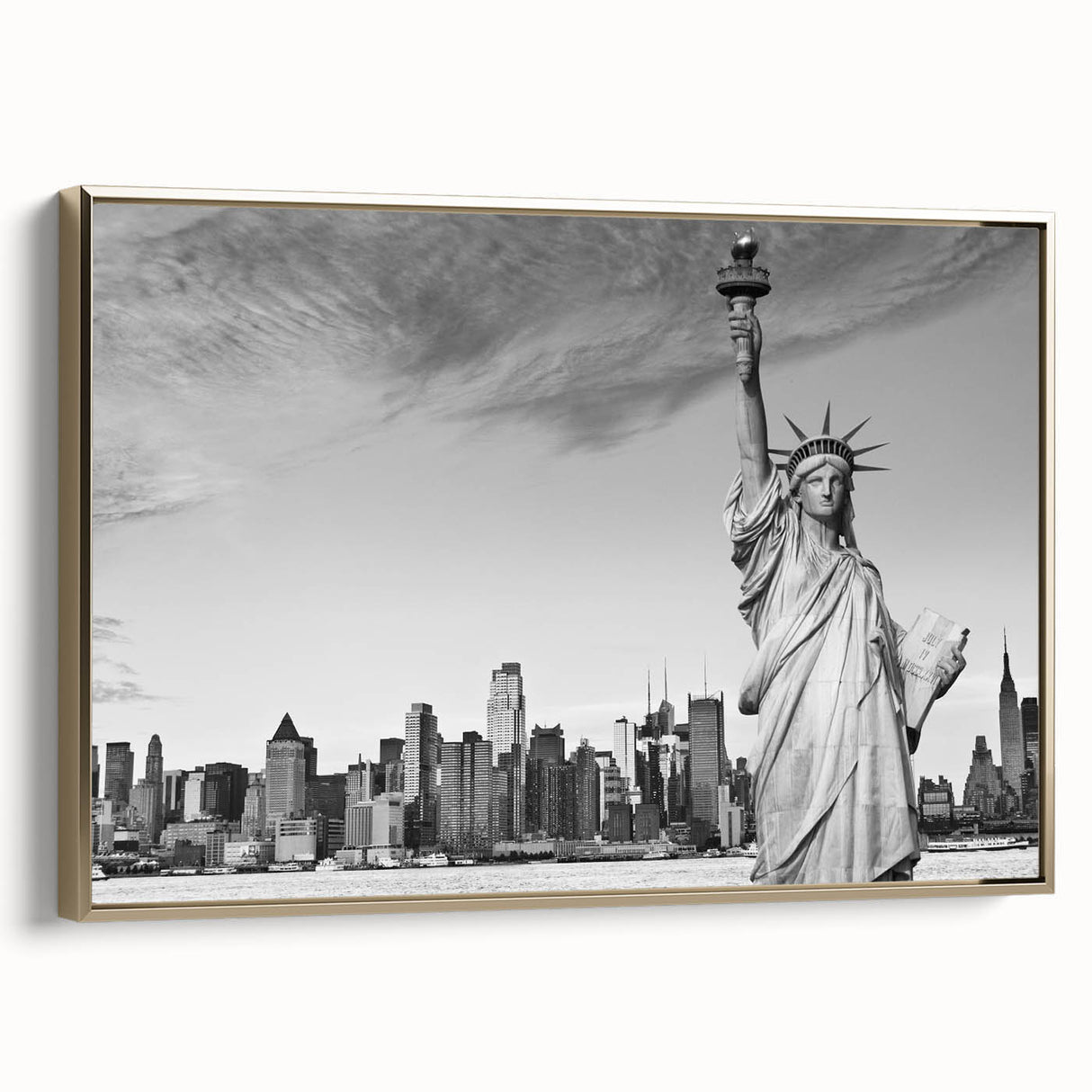Framed canvas wall art of the Statue of Liberty in a vintage poster style, featuring a black and gold color scheme.