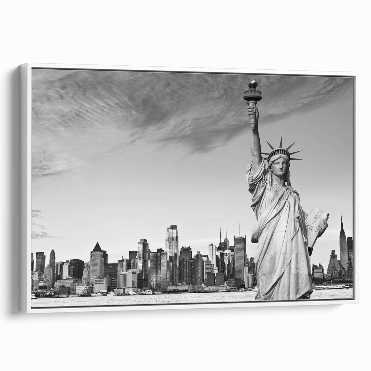 Vintage poster art of the Statue of Liberty in colorful tones on a white framed canvas, ideal for living room decor.