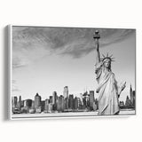 Vintage poster art of the Statue of Liberty in colorful tones on a white framed canvas, ideal for living room decor.