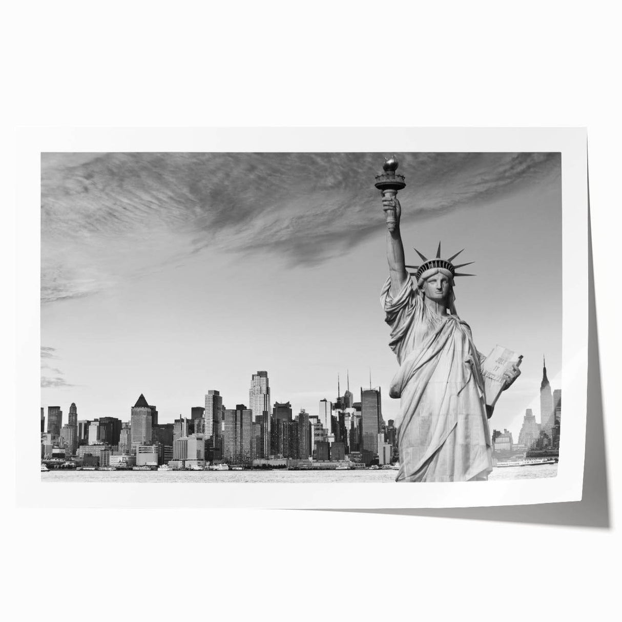 Extra large rolled print of the Statue of Liberty with muted gray and blue tones, suitable as art wall dining room.