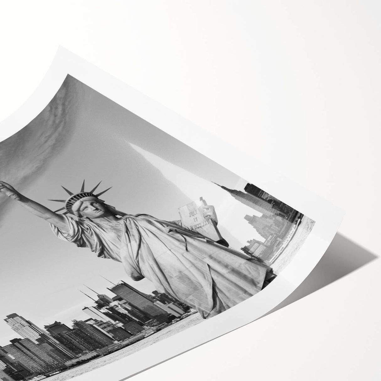 Extra large rolled print of a line art floral design incorporating the Statue of Liberty, using black and white tones.