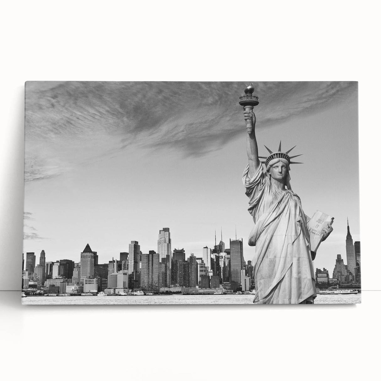 Black and white stretched canvas of the Statue of Liberty, ideal for kitchen wall art or bedroom ambiance.