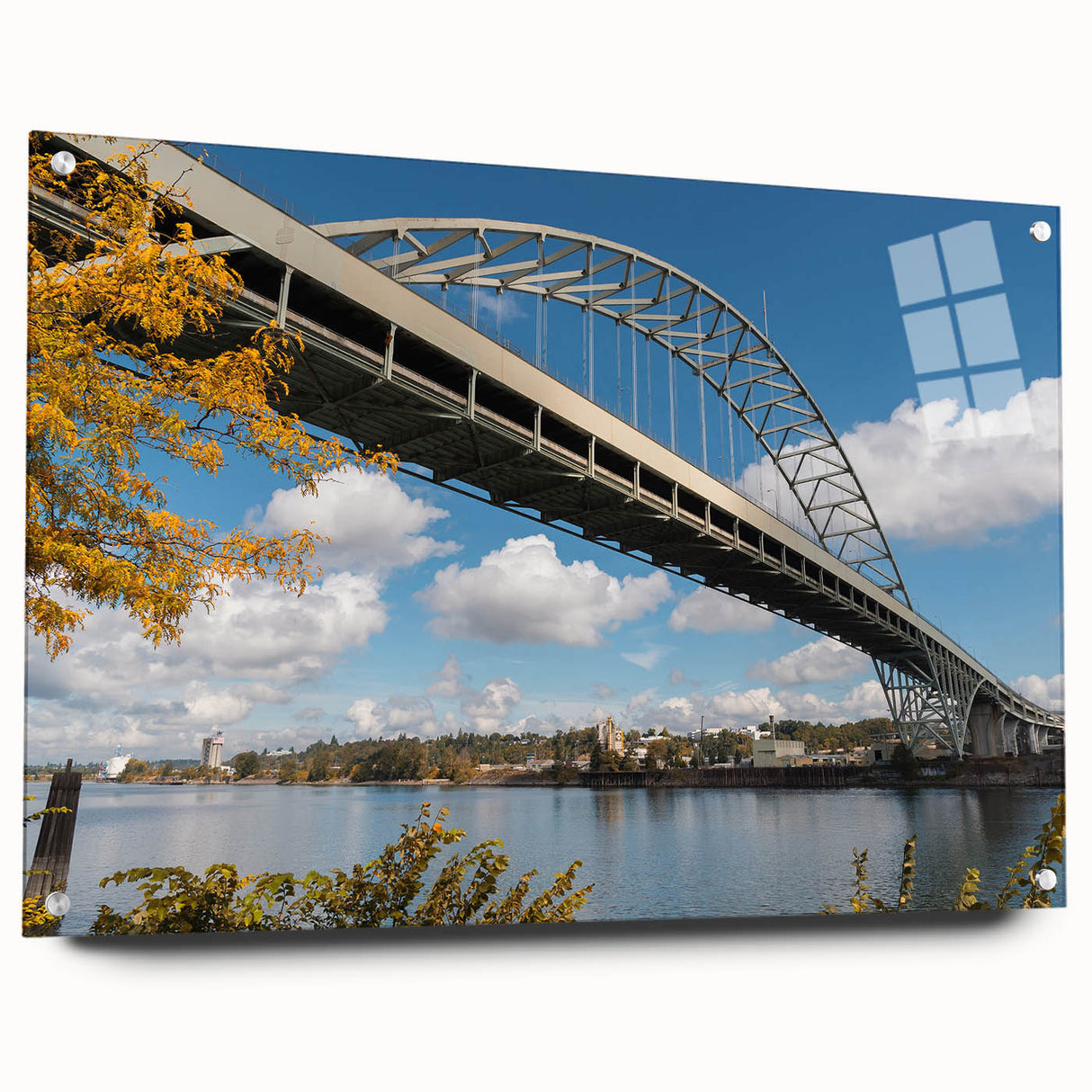 Acrylic glass print of a large abstract Portland, Oregon scenery in muted earth tones.
