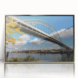 Mid-century modernist art of Portland, Oregon skyline in muted gray tones on a framed acrylic print.