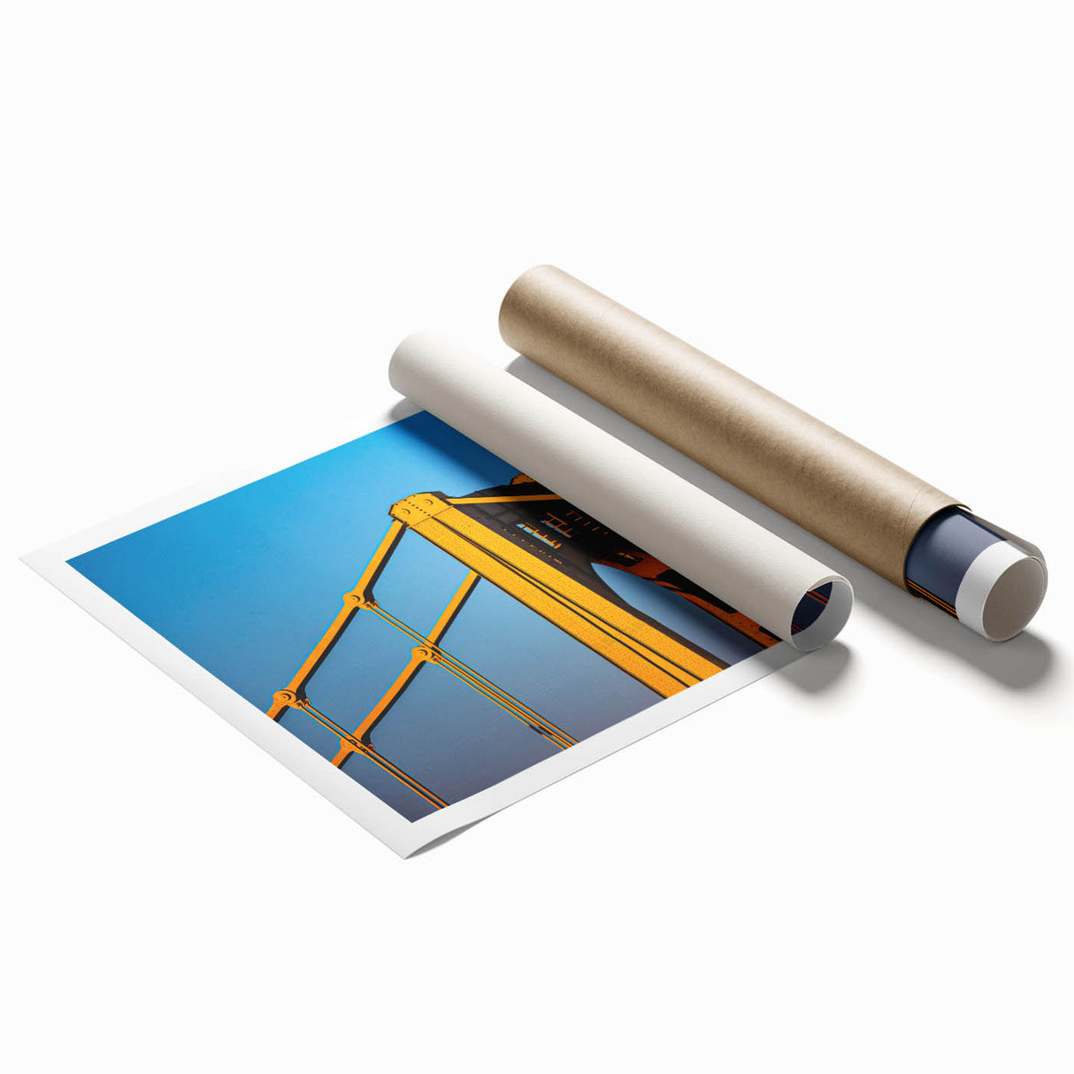 Extra large rolled print of Pittsburgh skyline with muted blues and greens, ideal for classy bathroom wall art.