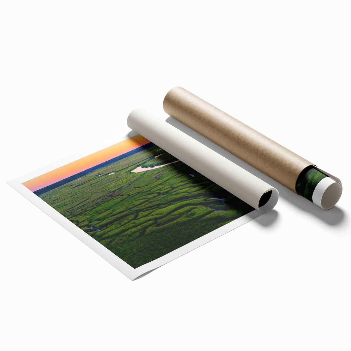 Extra large rolled print of Charleston scenery with vibrant floral elements on a muted background.