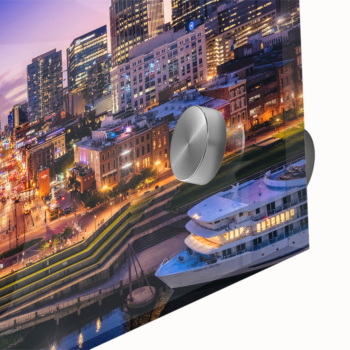 Large abstract depiction of Nashville skyline in muted earth tones on acrylic glass, ideal for dining room art.