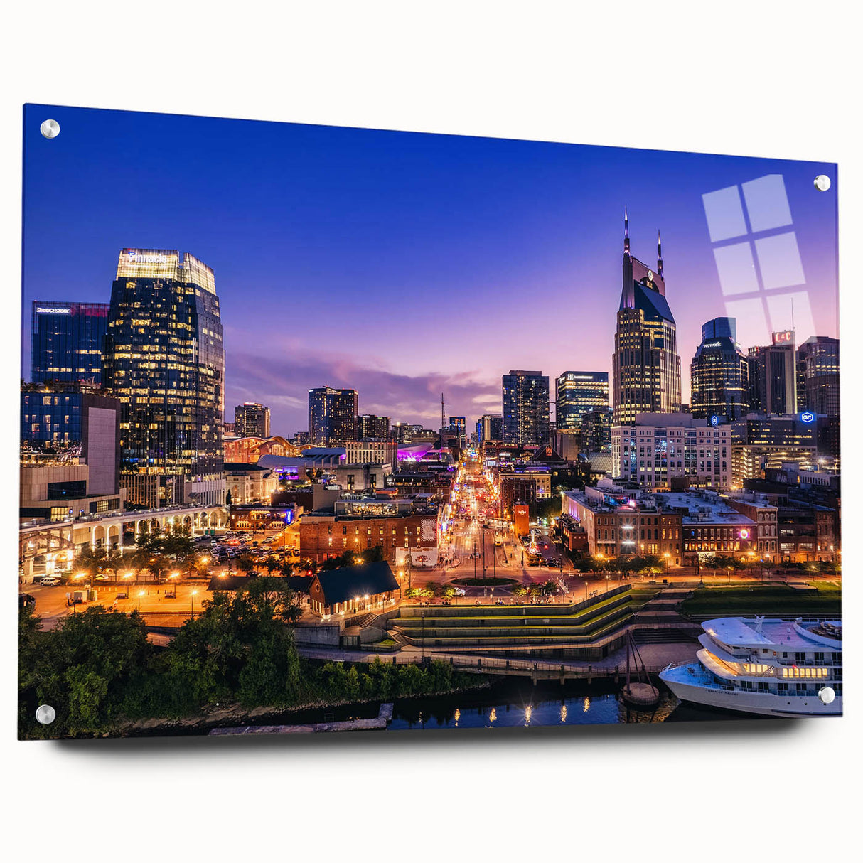 Acrylic print of Nashville skyline in muted gray and blue tones, suitable for dining room decor.