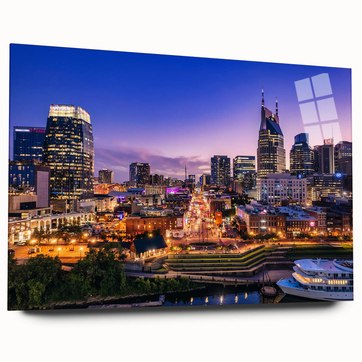 Acrylic print of a large abstract depiction of Nashville skyline in muted blue and gray tones.