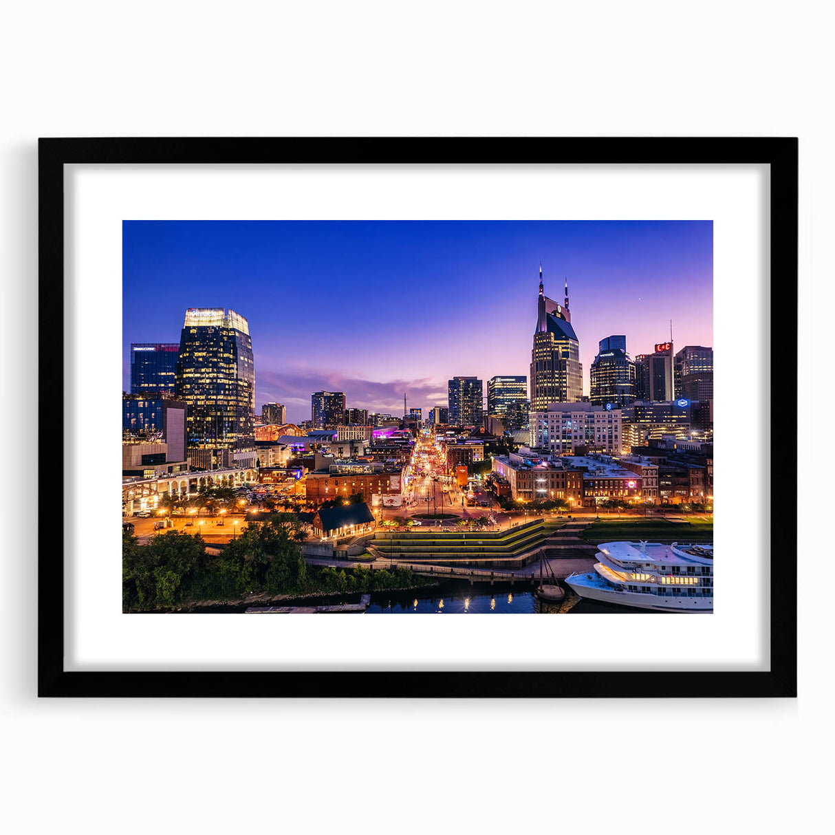 Extra large textured abstract art print of Nashville skyline in vibrant colors on a framed canvas.