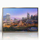 Framed acrylic print of the Nashville skyline in gold and blue tones, suitable for modern art wall decor.