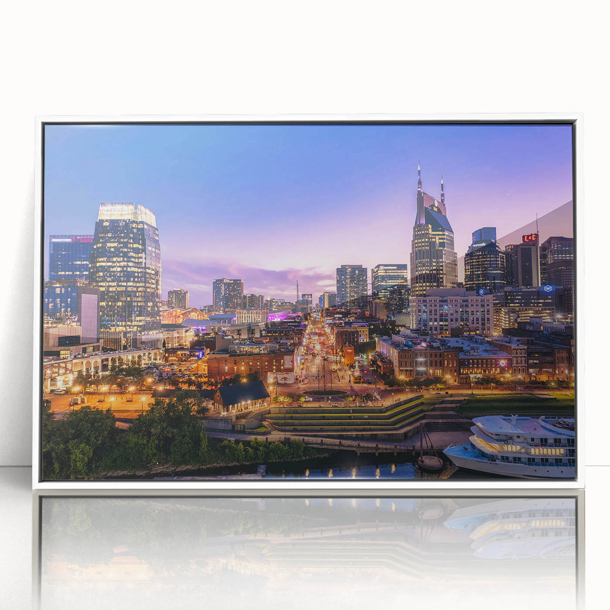Acrylic print of Nashville skyline featuring art deco style in muted colors, ideal for modern art wall decor.