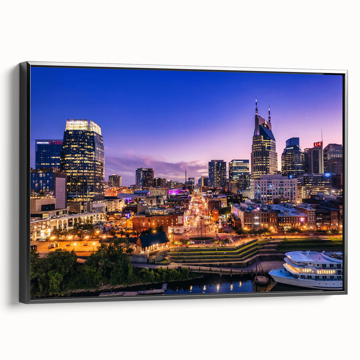 Black and white framed canvas of Nashville landscape, ideal for bedroom wall decor.