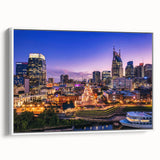 Vintage poster art of Nashville skyline in colorful tones on a large framed canvas, suitable for living room decor.