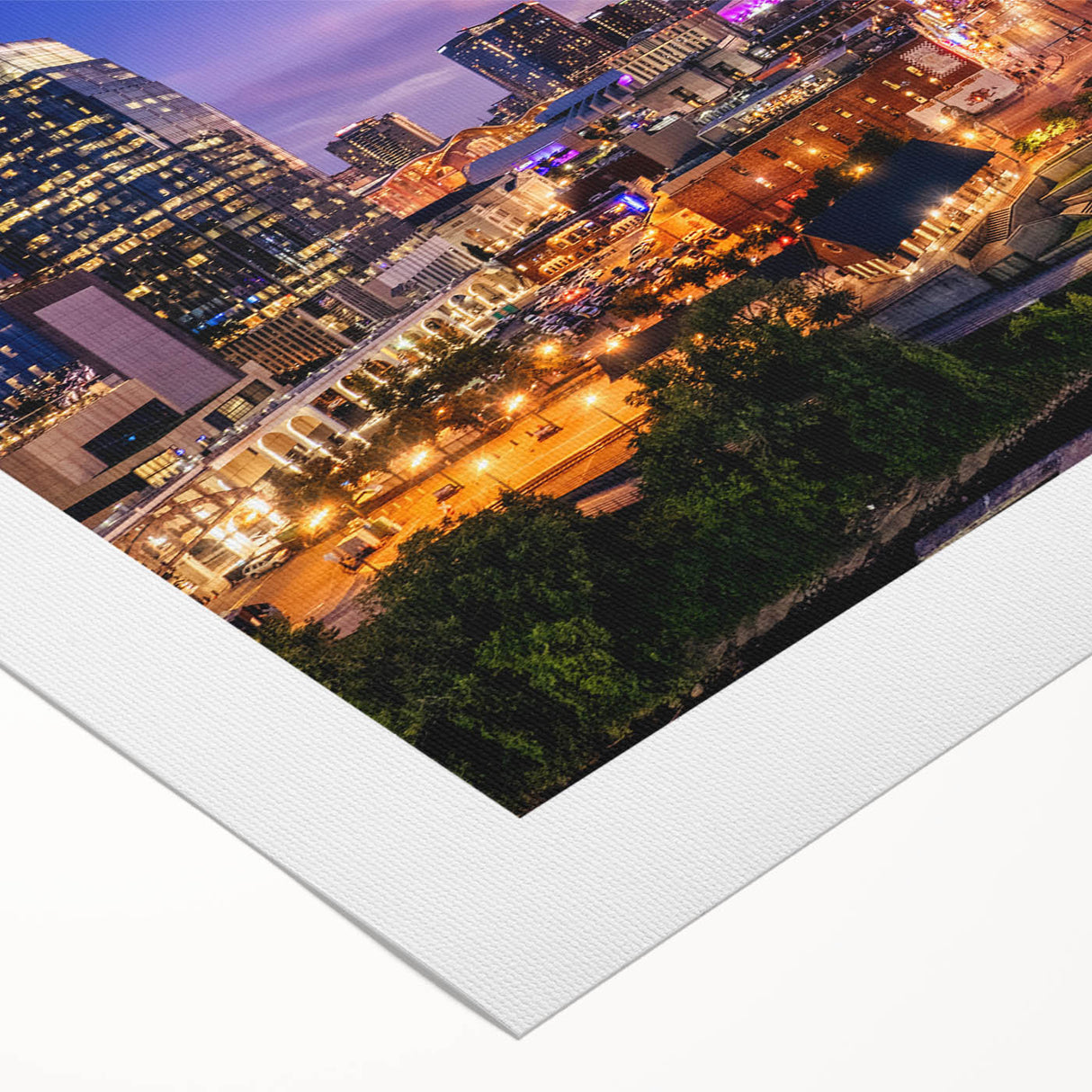 Art deco poster of Nashville skyline in monochrome shades on rolled canvas, suitable for dining room wall art.