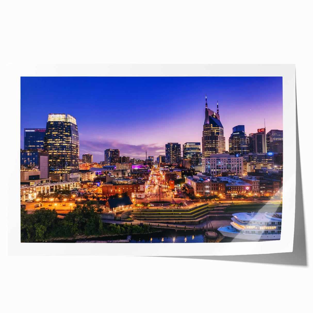 Rolled print of Nashville skyline with pastel shades, ideal for dining room wall art.