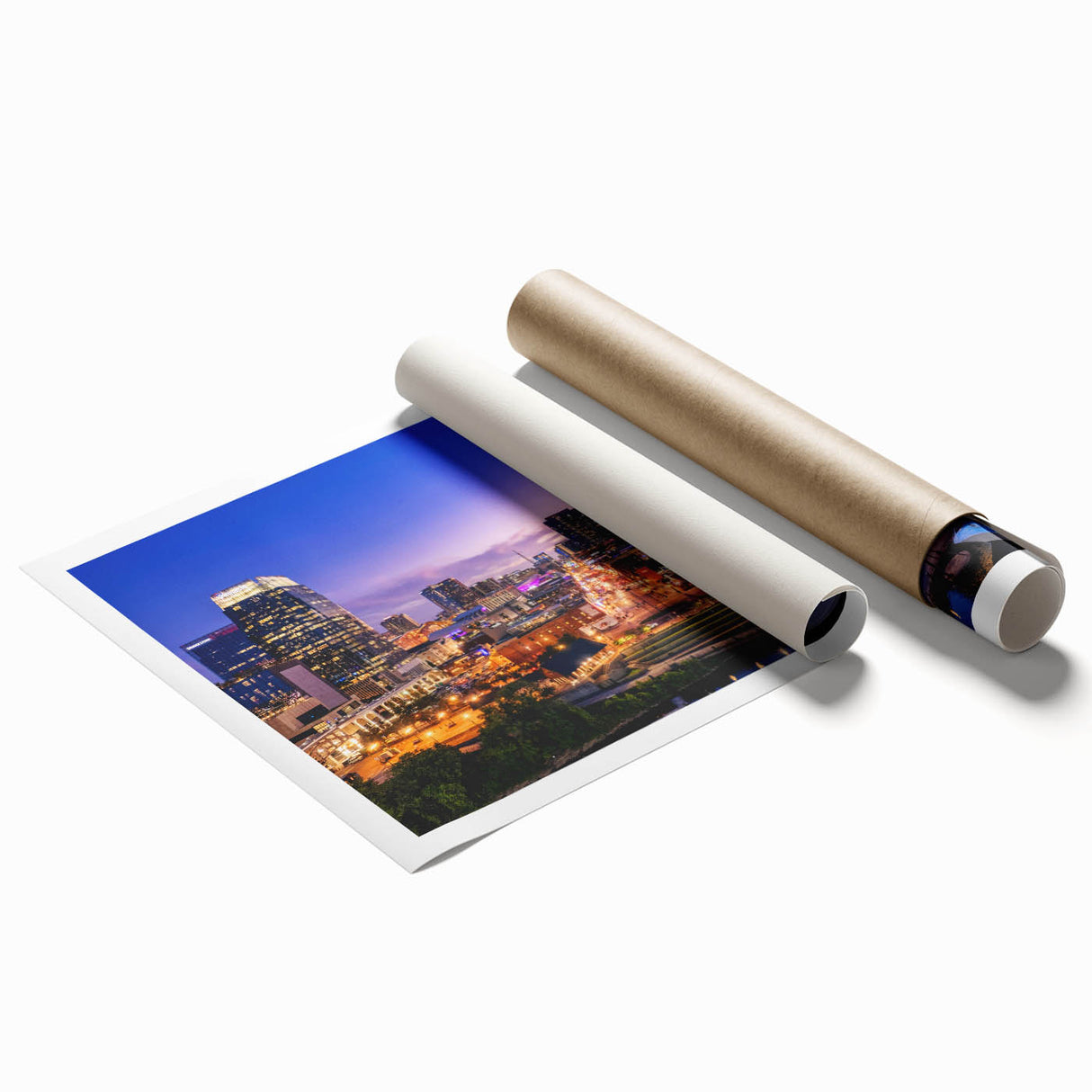 Extra large rolled print of Nashville skyline with muted floral elements, ideal for classy bathroom wall art.