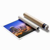 Extra large rolled print of Nashville skyline with muted floral elements, ideal for classy bathroom wall art.