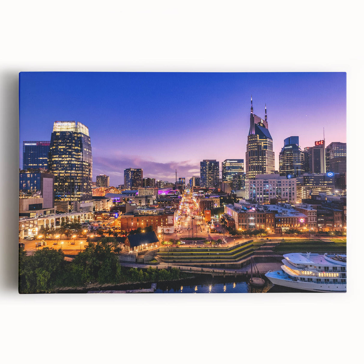 Black and white stretched canvas of Nashville skyline, ideal for kitchen wall art.