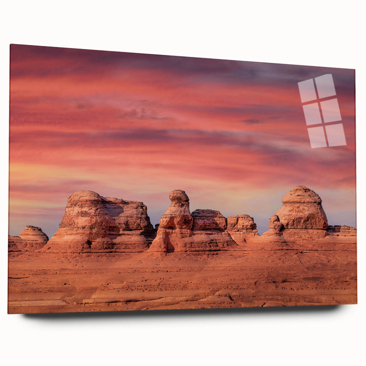 Large abstract depiction of Utah Arches on acrylic glass, using earth tones, ideal for bedroom or dining room art.