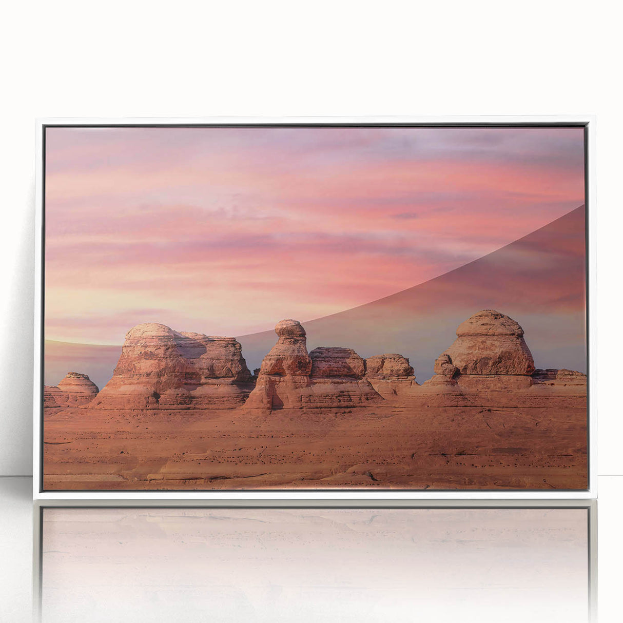 Modern art wall decor depicting Arches National Park in muted earth tones on a white framed acrylic.