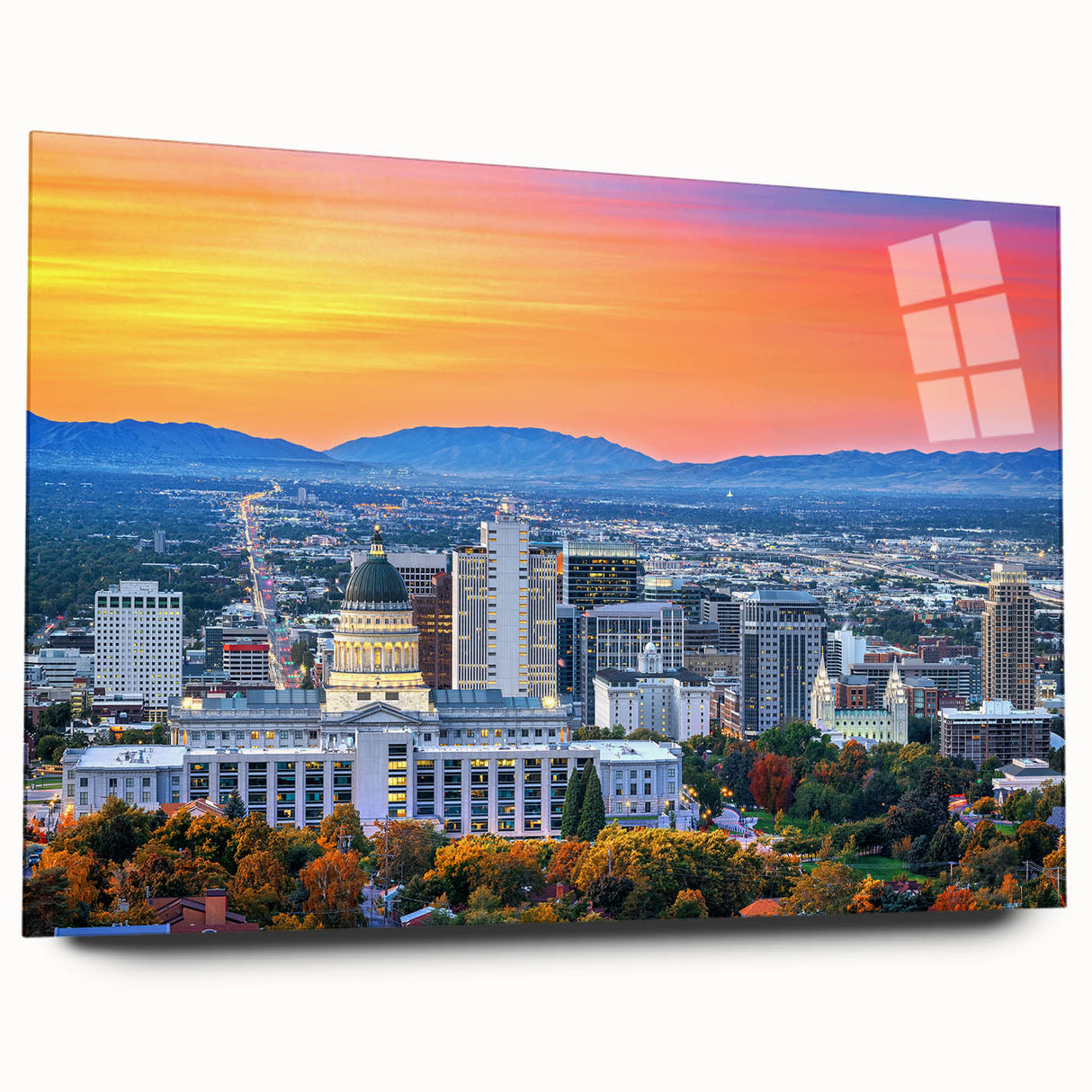 Large abstract wall art of Salt Lake City in muted blue tones on acrylic glass, ideal for bedroom or dining room decor.