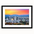 Extra large abstract art print of Salt Lake City in vibrant colors on a textured canvas, framed in black.