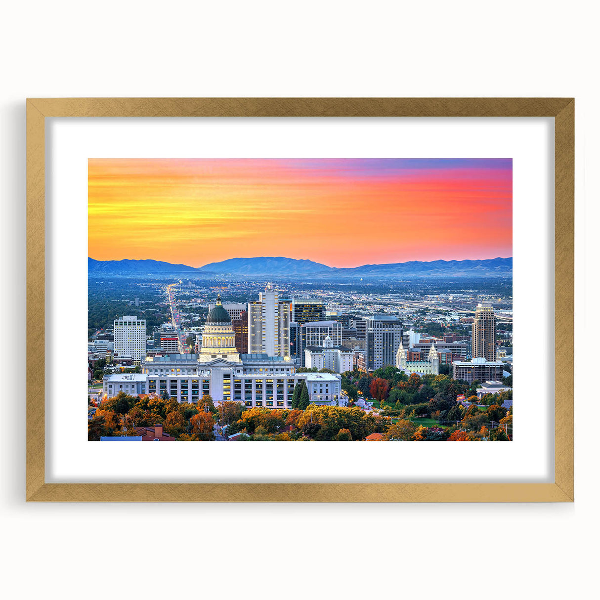 Extra large abstract art print depicting Salt Lake City in textured hues of blue and gray, framed in gold.