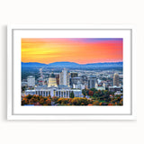 Textured art of abstract Salt Lake City scene in muted earth tones on a framed white mat, ideal for bedroom decor.