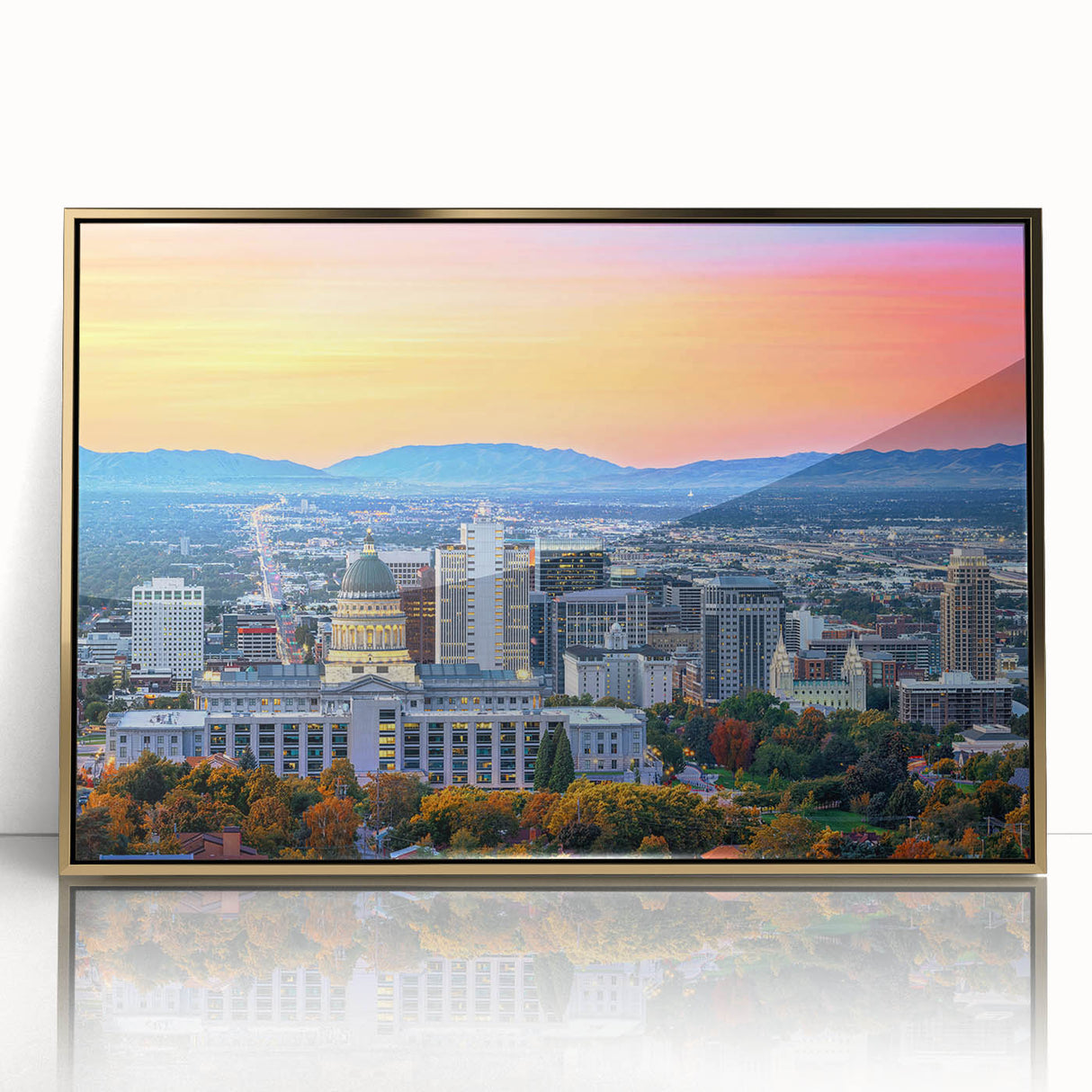 Acrylic print of Salt Lake City with gold frame, featuring muted earth tones, ideal for modern art wall decor.