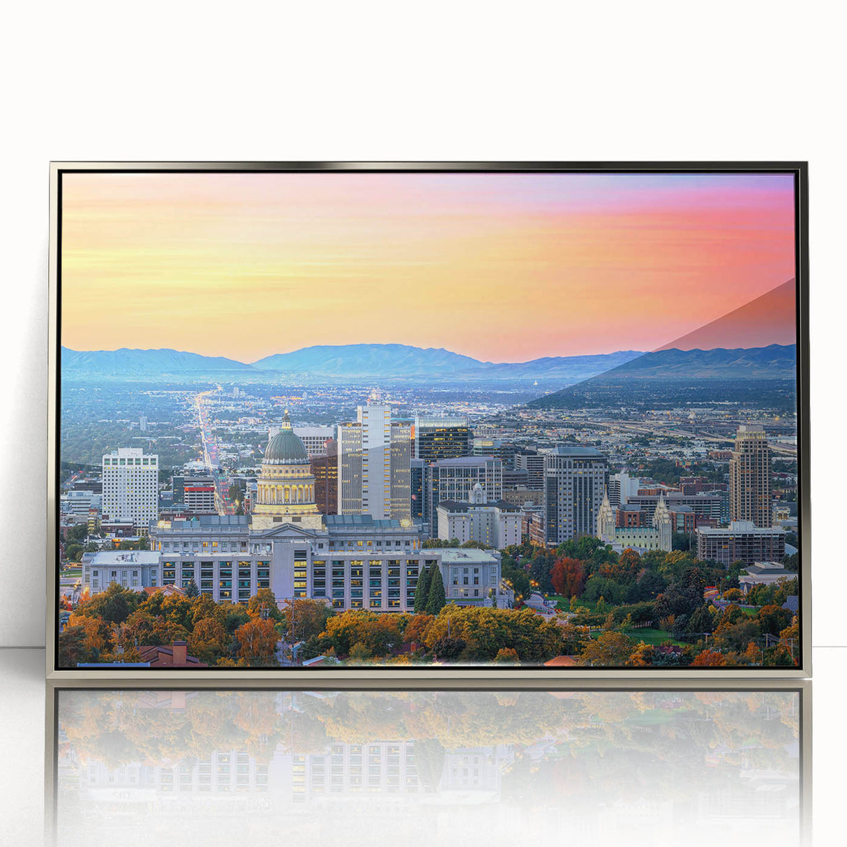 Mid-century modernist art depicting Salt Lake City in acrylic with muted blue and silver tones, framed.