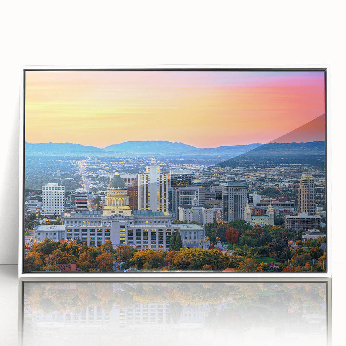 Acrylic print of Salt Lake City with white frame, featuring art deco style and soft blue tones.