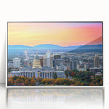 Acrylic print of Salt Lake City with white frame, featuring art deco style and soft blue tones.